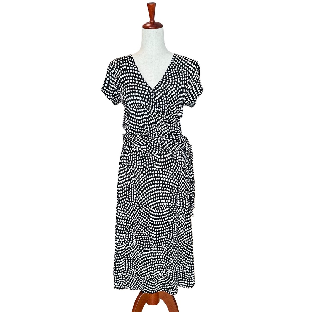 Talbots Short Sleeve Midi Faux Wrap Belted Pattern Dress Black & White 10P